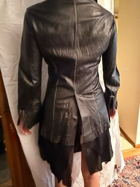 Sherry Nikka Brown Leather Long Jacket | Avant Garde Moto Coat | Assymet. Hem